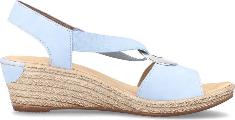 Light blue espadrille wedge sandals with an ankle strap and silver accent.