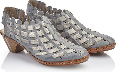 Two gray basket-weave heeled shoes, with a gold accent, with open heel and toe.
