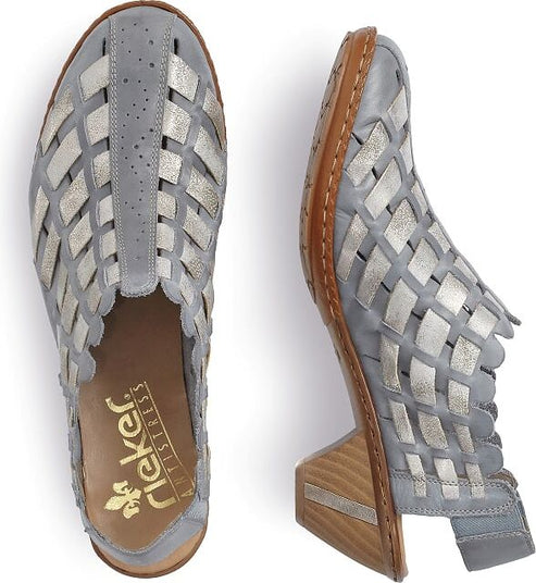 Pair of gray woven heeled mules with a visible logo that says "Rieker ANTISTRESS" inside one shoe.