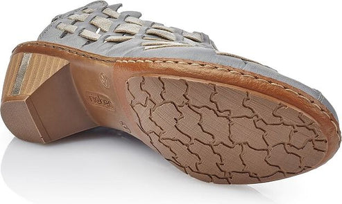 Gray peep-toe shoe with woven upper and block heel, shown with outsole.