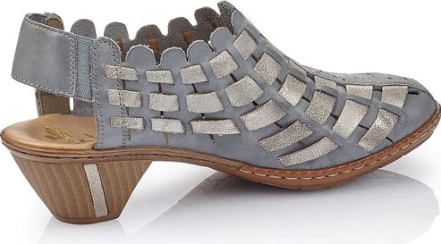Gray woven leather sandal with a low, cone-shaped heel.
