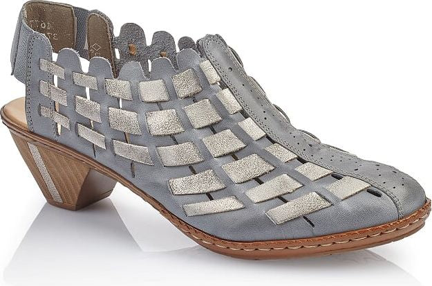 Gray open-toed heeled shoe with woven strap design.
