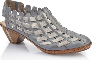 Gray open-toed heeled shoe with woven strap design.