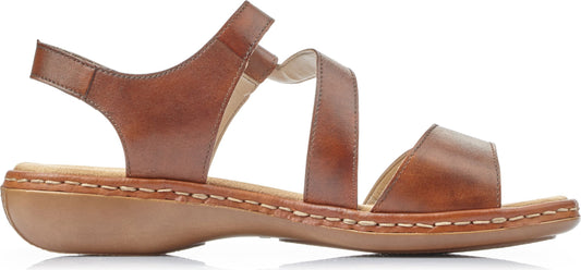 A brown leather sandal with multiple straps.