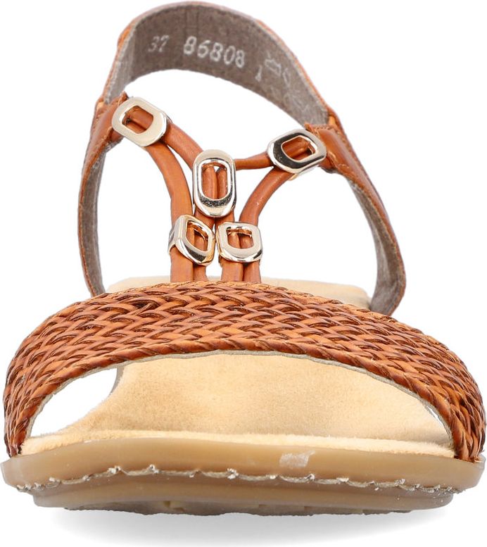 Brown T-strap sandal with woven toe.