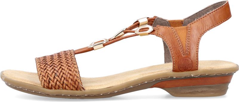 A brown sandal with a woven toe strap and an ankle strap.