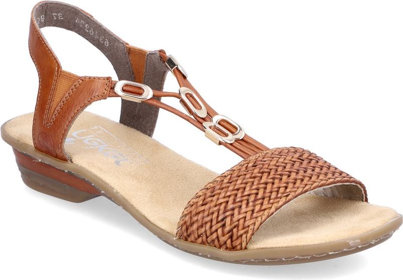 Brown sandal with woven toe strap, T-strap with silver accents, and elastic heel strap.
