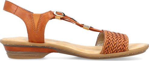 A tan leather sandal with a braided strap and a buckle.