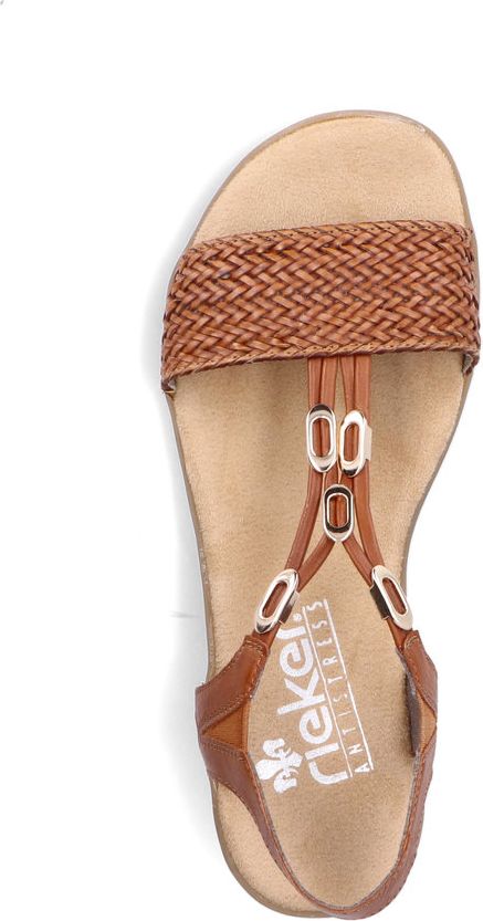 Brown sandal with braided strap and silver embellishments.