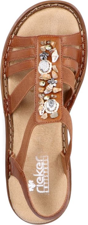 A brown sandal with embellishments.