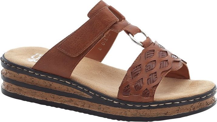 Brown sandal with adjustable strap and textured design on a cork-layered sole.