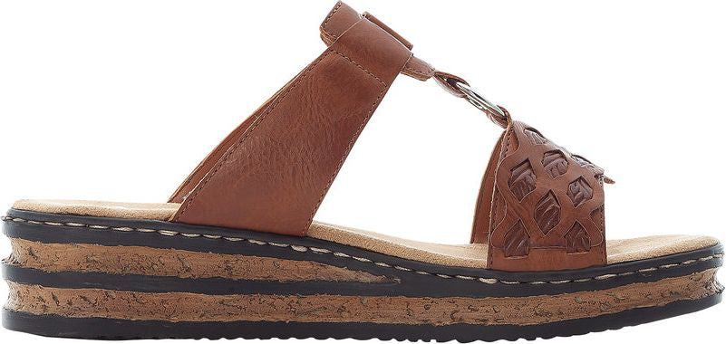 A brown sandal with a platform sole.