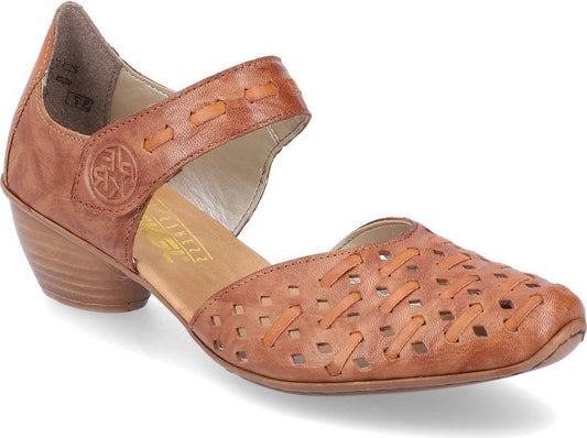 A woman's brown leather shoe with an ankle strap and a low heel.