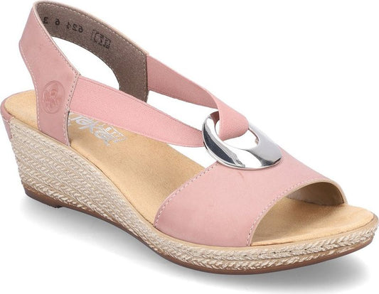 Pink wedge heel sandal with a silver circle embellishment and elastic heel strap.
