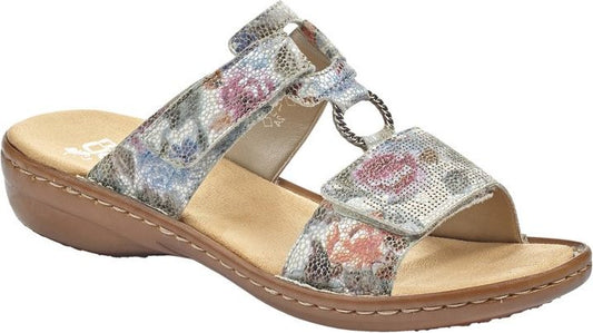 Floral print slide sandal with adjustable straps and ring detail.