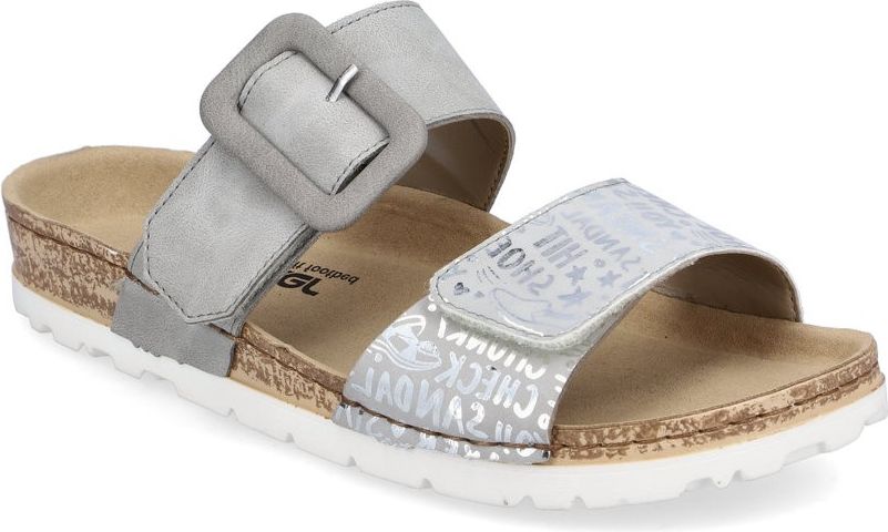 Silver slide sandal with two adjustable straps, a decorative buckle, a cork footbed and a white sole.