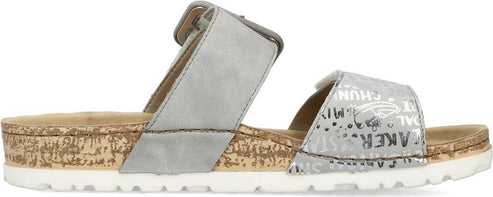 Silver platform sandals with two straps.
