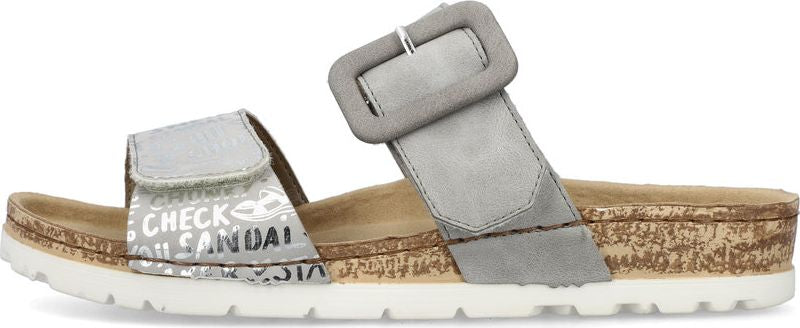 Silver sandals with a buckle strap.