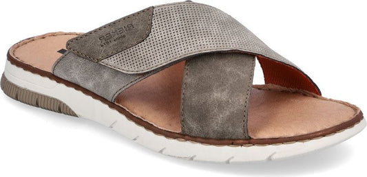 Gray sandal with criss-cross straps and a white sole.