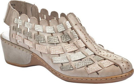 Taupe leather sandal with woven design and low wedge heel.