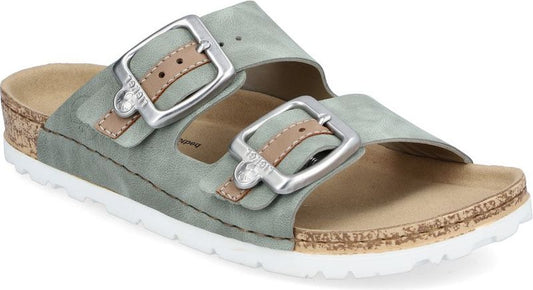 Green double buckle slide sandal with a cork footbed and white sole.