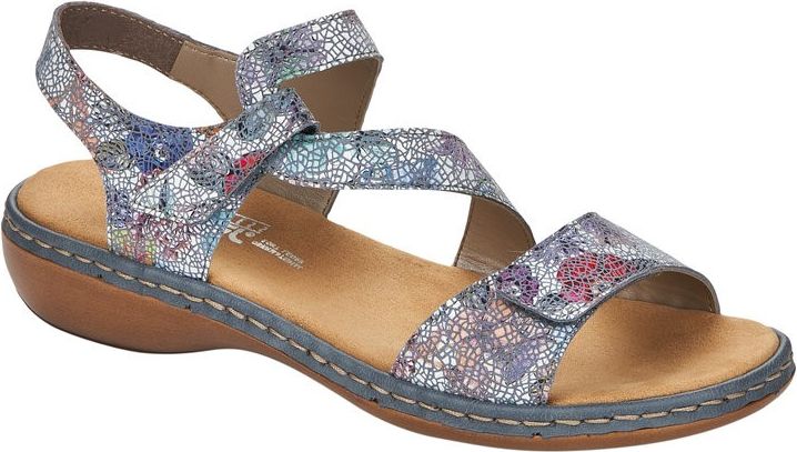 Ankle strap sandal with floral print on the straps and footbed.