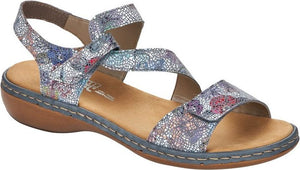 Ankle strap sandal with floral print on the straps and footbed.