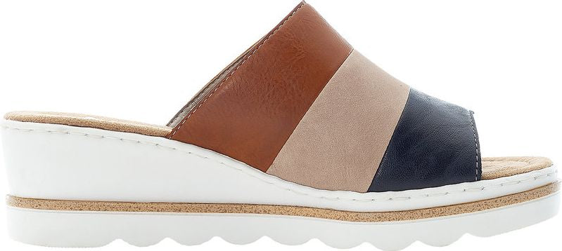 A tri-color slide sandal with a white platform sole.