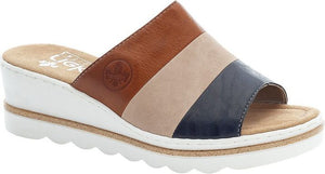 Wedge heel sandal with brown, beige, and blue horizontal stripes across the top of the foot.
