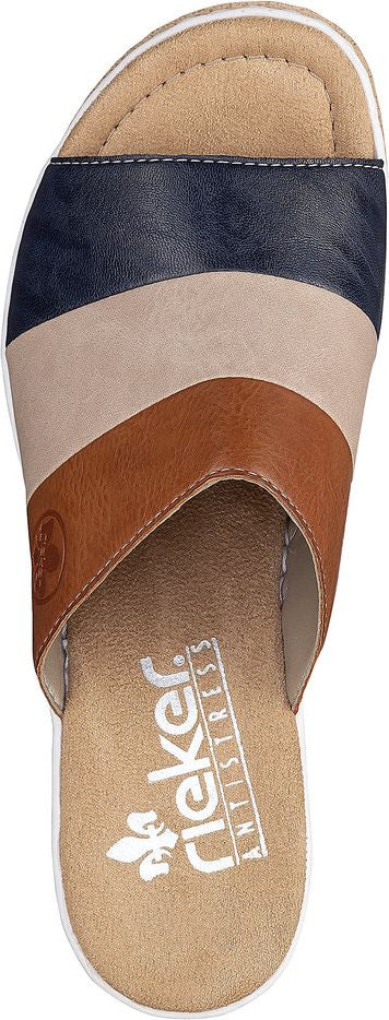 A tri-color sandal with blue, tan, and brown stripes and the text 'rieker ANTISTRESS' visible on the insole.