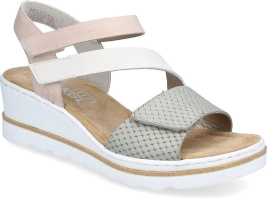 Sandals with light pink, white and grey straps, velcro closures, white wedge sole.