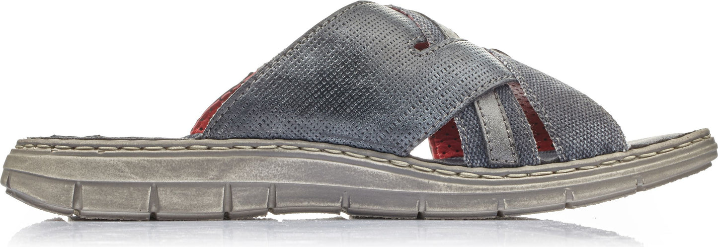 Gray slide sandal with criss-cross straps.