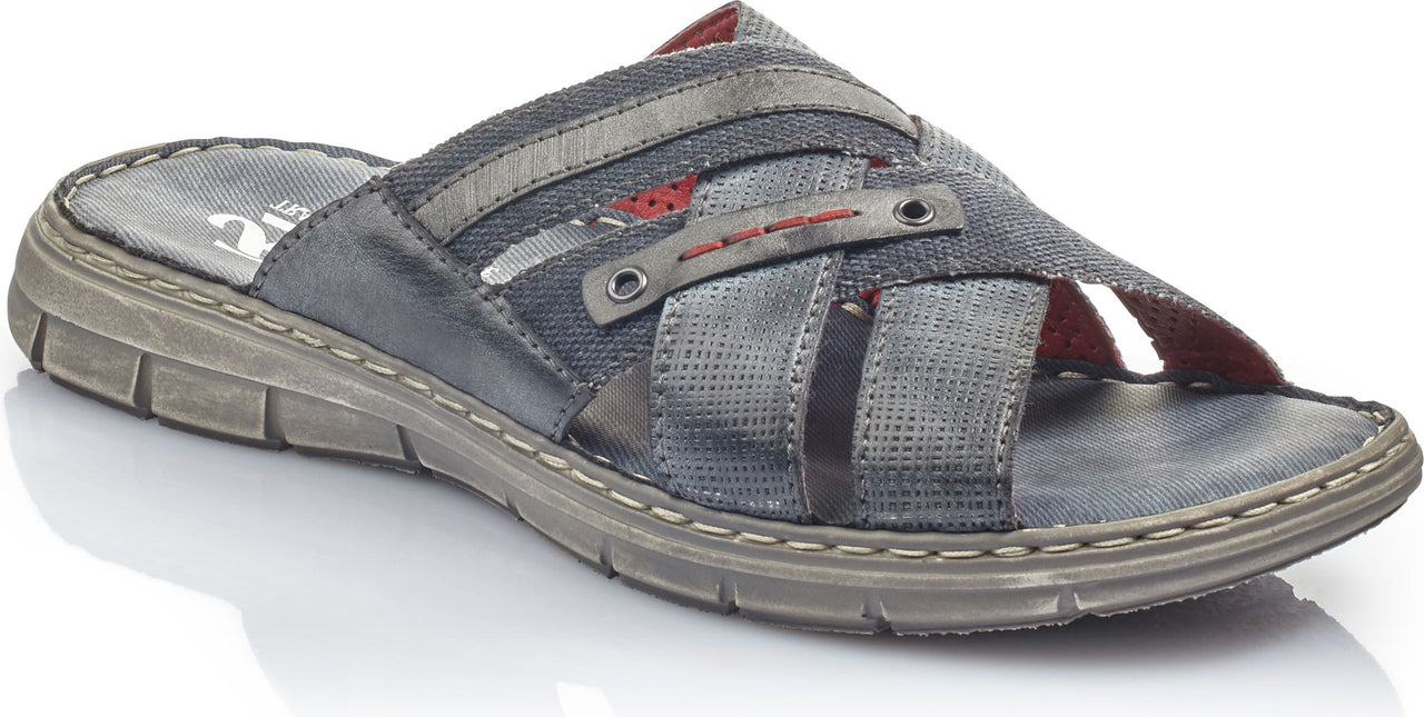 Grey slide sandal with woven straps, eyelets, and a weathered-look sole.