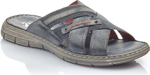 Grey slide sandal with woven straps, eyelets, and a weathered-look sole.