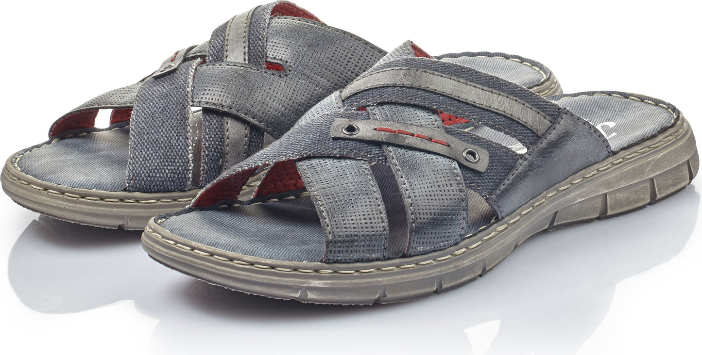 A pair of gray sandal slides with overlapping fabric straps.