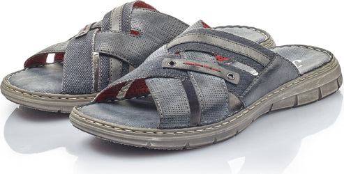 A pair of gray sandal slides with overlapping fabric straps.