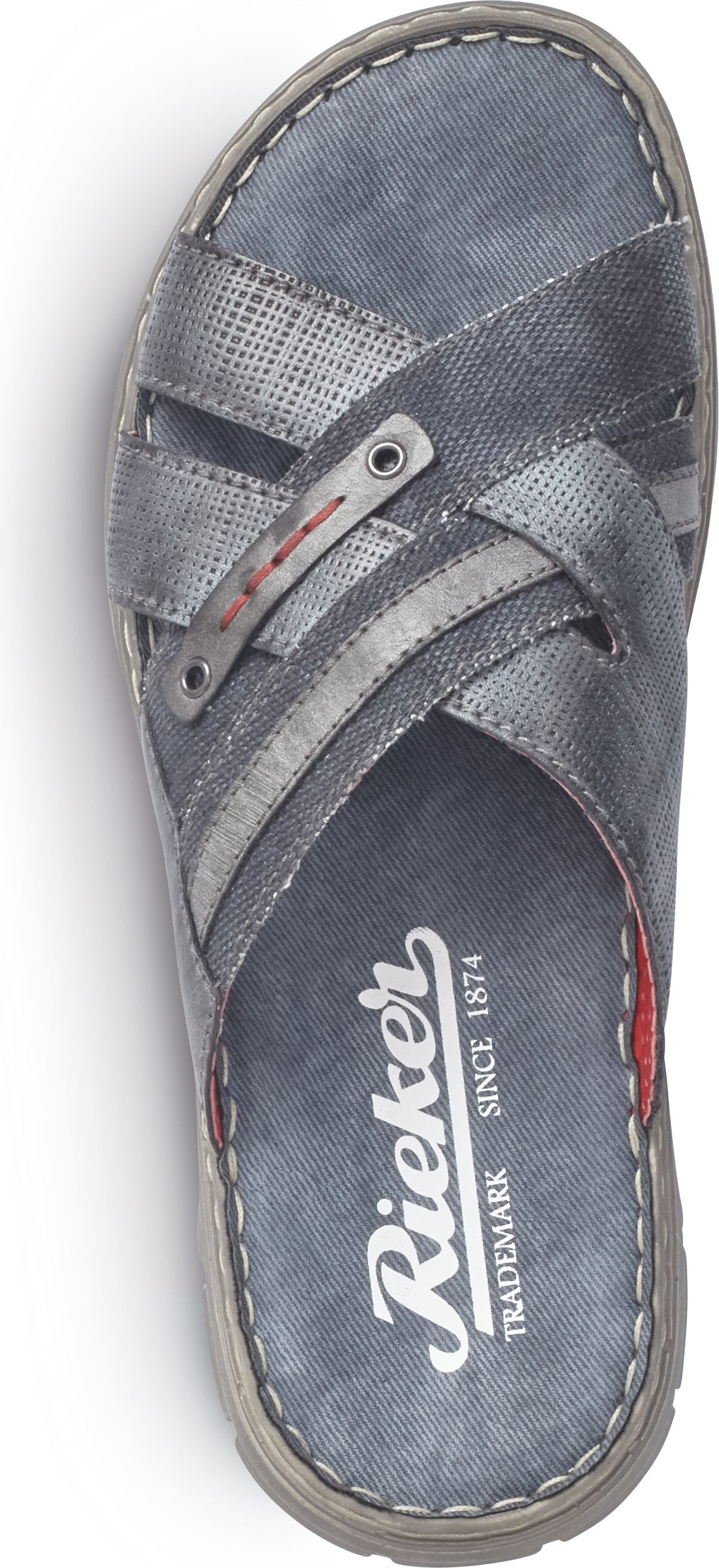 Grey rieker-branded sandal with red stitching.