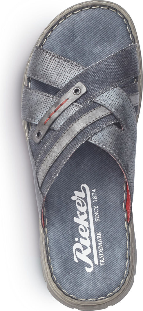 Grey rieker-branded sandal with red stitching.
