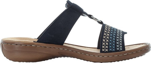 A sandal with two black straps connected by an embellished ring.