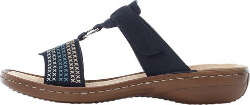 A sandal with blue and white stitching and a velcro strap.