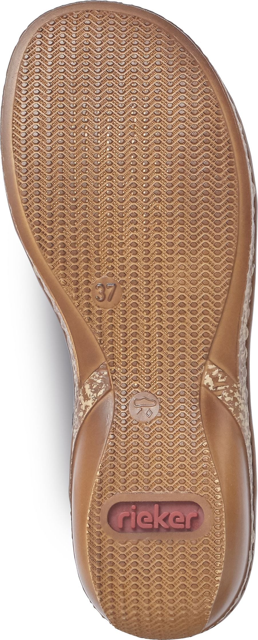 shoe sole with a rippled texture, showing the size 37 and the word 'Rieker' in a rectangular inlay