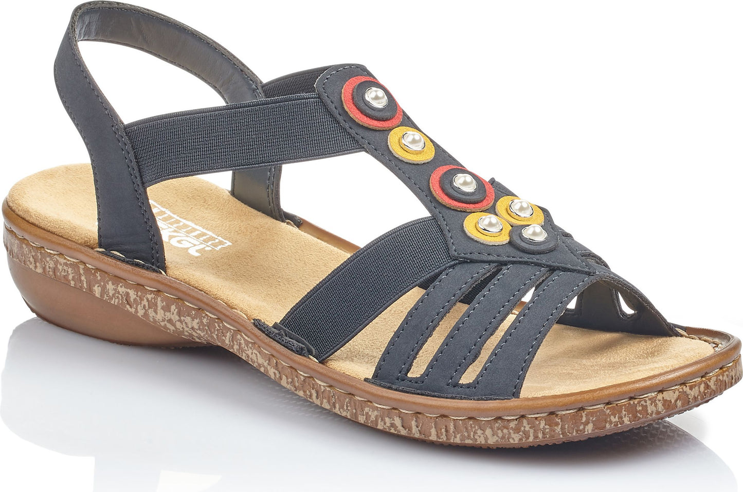 Navy sandal with elastic straps, floral embellishments, and a low, textured sole.