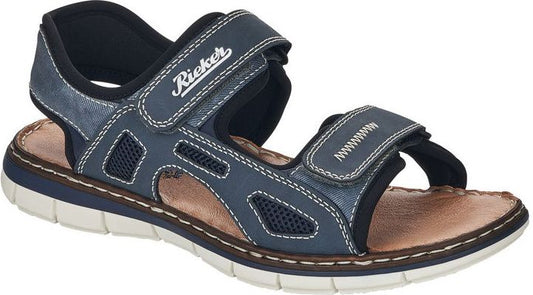 Navy sandal with velcro straps and white stitching.