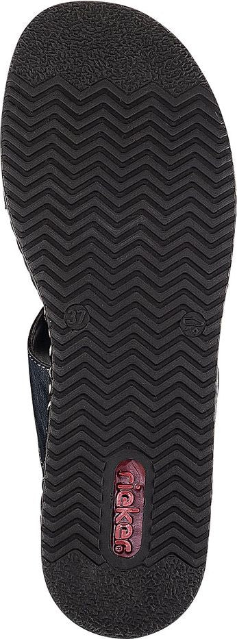 Dark zigzag patterned sandal sole with the text 'rieker' in red.