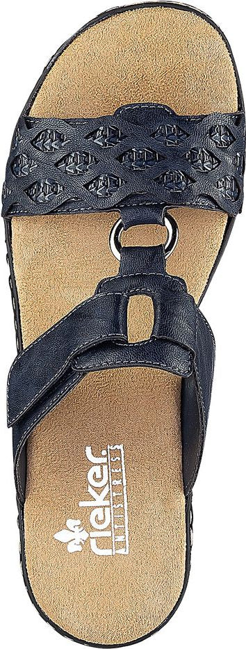A sandal with a black woven strap and a T-strap.