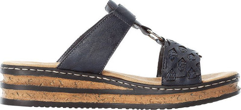 A women's platform sandal with navy blue straps and a tan cork sole.