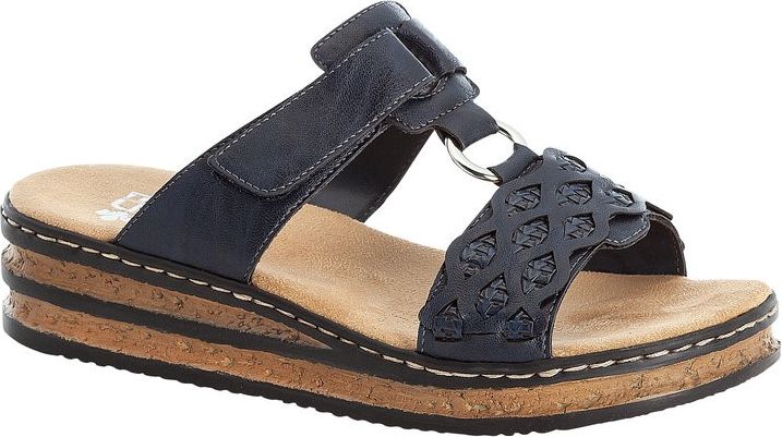 Navy blue sandal with adjustable velcro strap, circle accent, and stacked cork wedge heel.