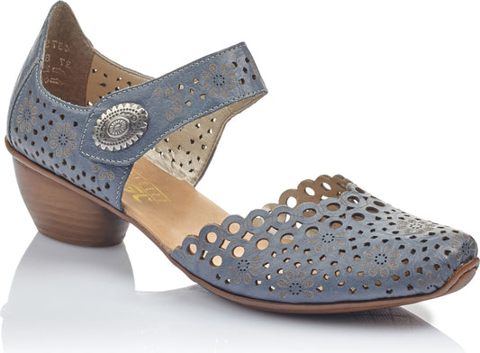 Blue heeled shoe with floral perforations and a decorative side button.