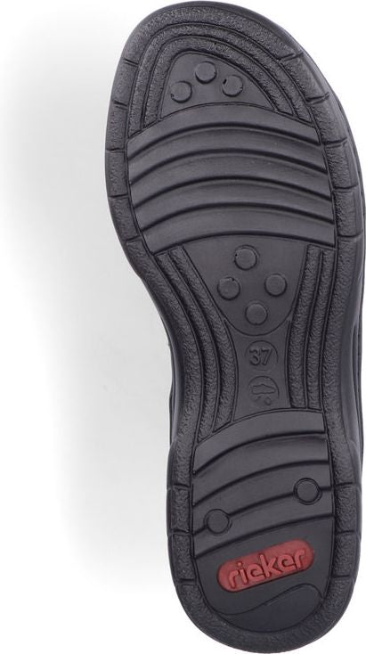 Black shoe sole with concentric and circular tread patterns; '37' size and the word 'Rieker' are visible.