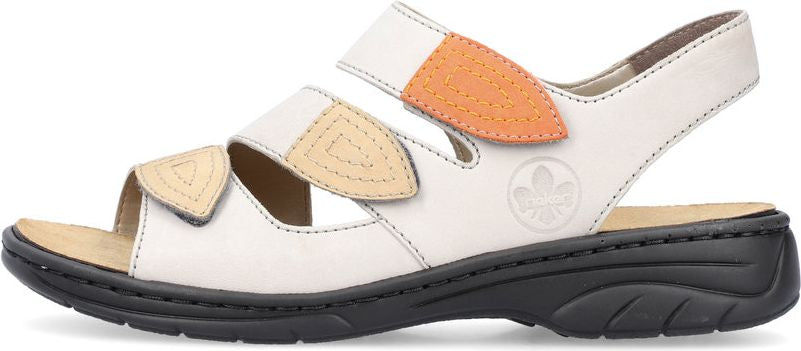 White sandals with orange and beige straps, black sole.